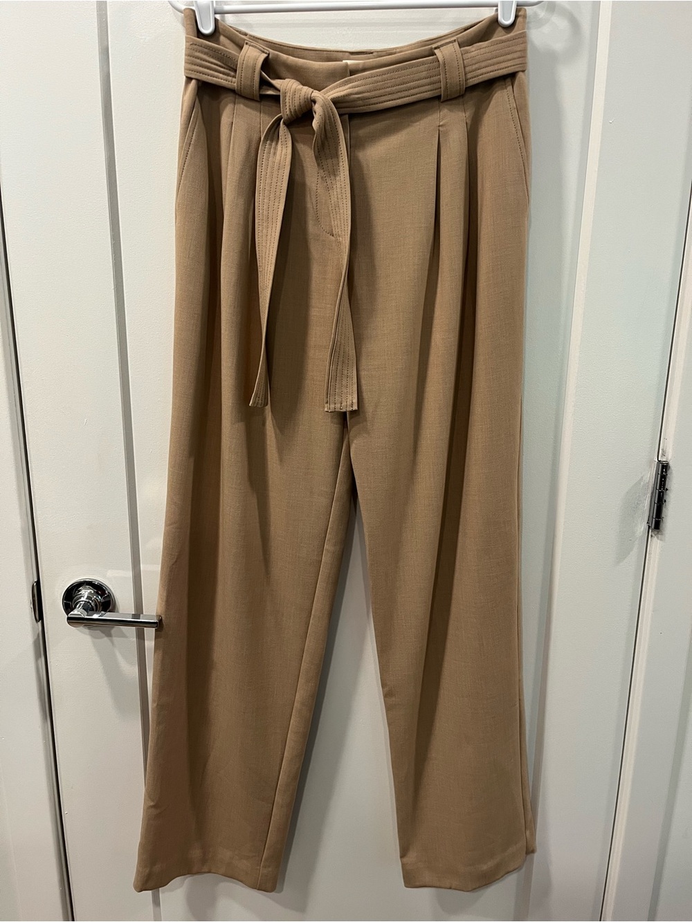 High-Waist Tie-Belt Wide Leg Pants - Beige